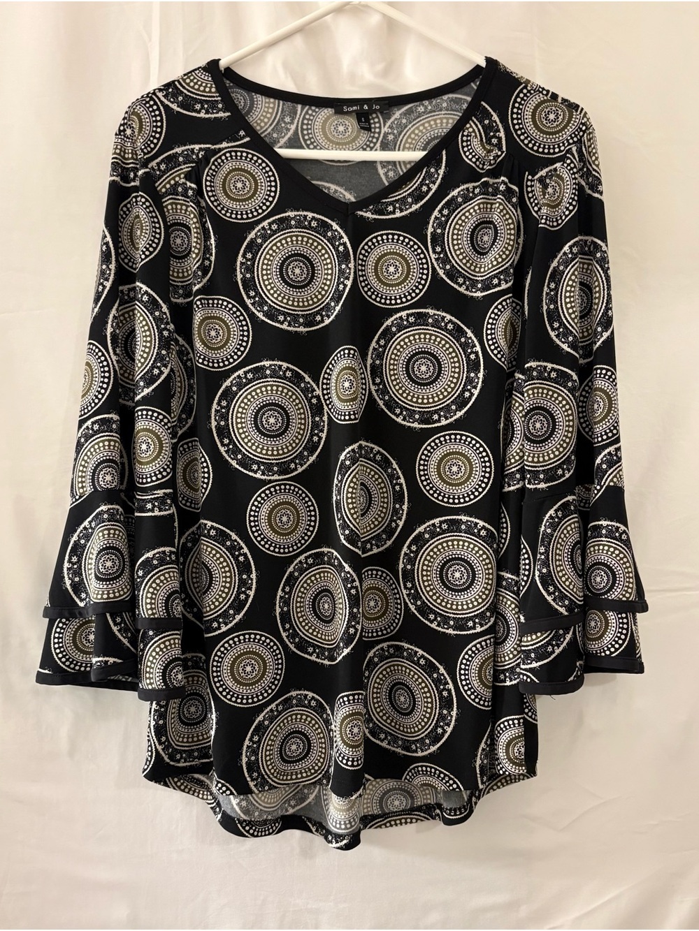 Sami & Jo Black Medallion Bell Sleeve Blouse with Gold Accents
